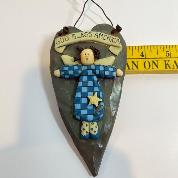 God Bless America Heart-Shaped Hanging Plaque with Angel Design 8" Tall - Picture 6 of 6